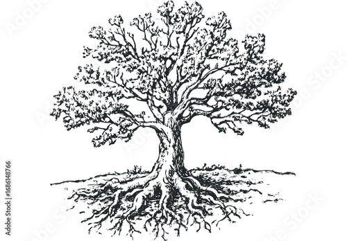 Detailed linocut sketch of a mature deciduous tree with prominent exposed roots on a white background. Vector hand drawn illustration