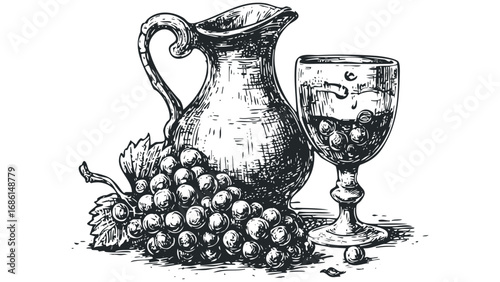 Still life grape bunch with jug and wine glass drawing. Vector hand drawn illustration