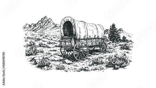 Old Wooden Wagon on Open Terrain with Mountain Range Outline. Vector hand drawn illustration