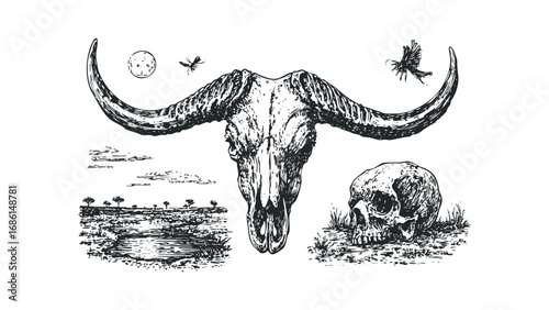 African savanna landscape with buffalo skull and human skull. Vector hand drawn illustration