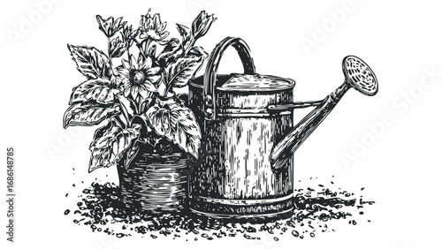 Ink sketch of flowers in a pot with a watering can on white. Vector hand drawn illustration