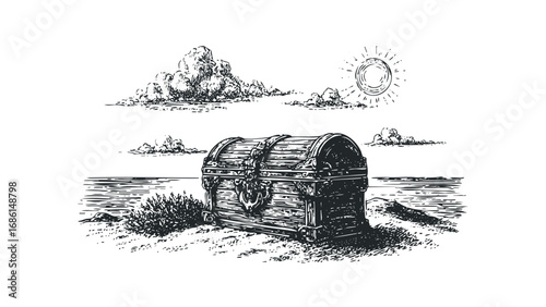 Antique chest with ornate metalwork sits on a sandy shore under a bright sun and clouds. Vector hand drawn illustration