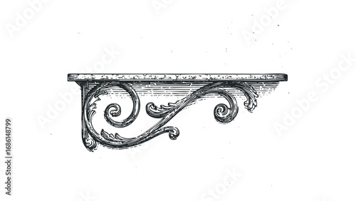 Vintage Decorative Shelf Bracket with Ornate Swirls and Leaf Motifs. Vector hand drawn illustration