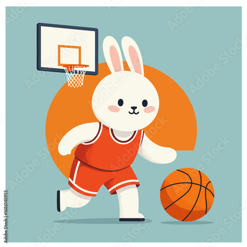 A cute rabbit in a basketball uniform dribbles a ball near a hoop.
