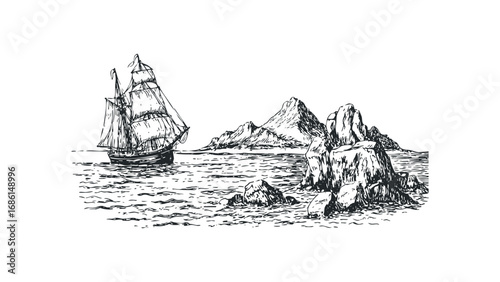 Sketch of Tall Ship Sailing Past Rocky Islands in the Ocean. Vector hand drawn illustration