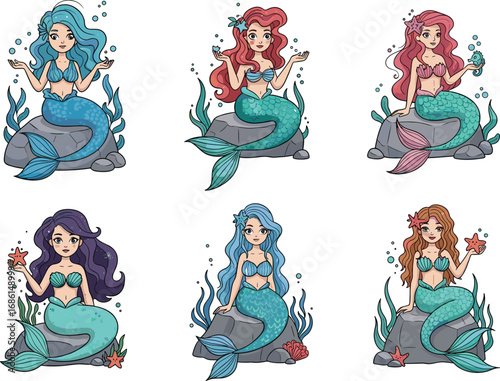 Beautiful mermaid cartoon sitting on rock, fantasy sea princess illustration, ocean character artwork, underwater magical girl drawing, aquatic fairytale design