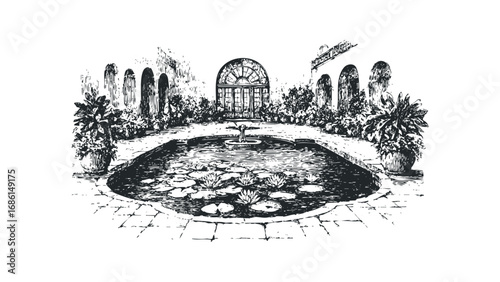 Ornate courtyard with tranquil pond and lush potted plants. Vector hand drawn illustration