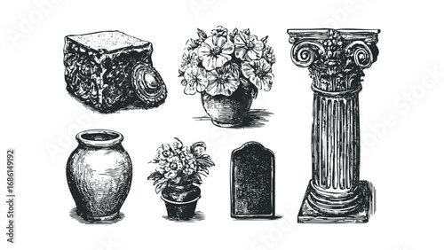 Potted Flower Arrangements and Classical Architectural Elements in Hand Drawn Style. Vector hand drawn illustration
