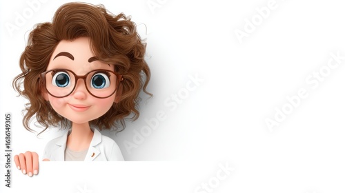 Friendly cartoon character in white coat with curly hair and glasses