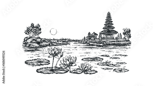 Traditional East Asian Pagoda Structure on Water with Lotus Flowers. Vector hand drawn illustration