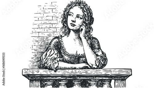 Young woman with elaborate hair and period dress leans on a railing. Vector hand drawn illustration