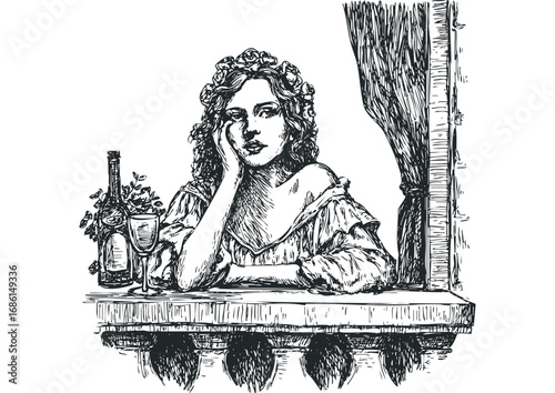 Sketch of a pensive woman with flowers in her hair at a window with wine. Vector hand drawn illustration