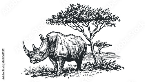 Rhino with Horns Standing Near Savanna Tree in Sketch Style. Vector hand drawn illustration