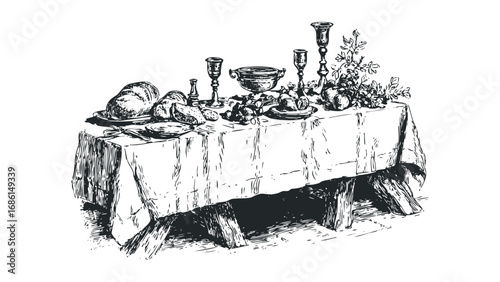 Still life sketch of a table set with bread, fruit, and goblets. Vector hand drawn illustration