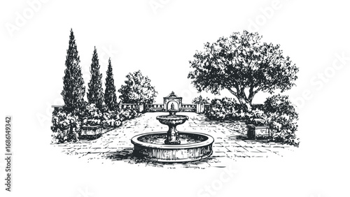Sketch of a serene garden pathway with a fountain and cypress trees. Vector hand drawn illustration