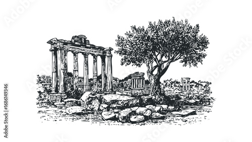 Black and white sketch of ancient ruins with a tree in nature. Vector hand drawn illustration