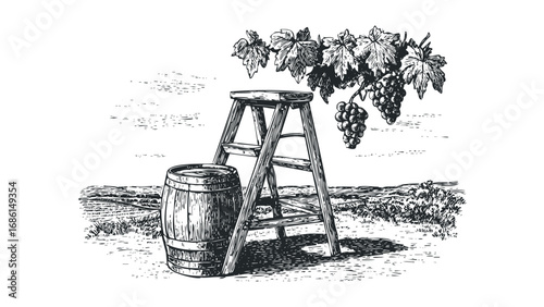 Vineyard Harvest Scene with Ladder and Barrel Under Grapes. Vector hand drawn illustration