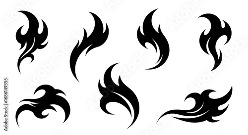 A collection of various abstract tribal style designs. Dynamic black silhouettes resembling fire flames and ocean waves, perfect for tattoos, logos and decals.