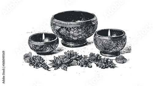 Engraved ornamental metal bowls with burning candles and flowers on transparent background. Vector hand drawn illustration