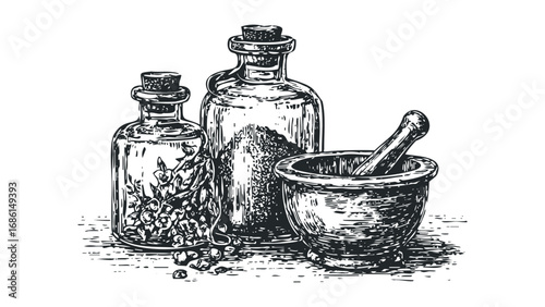 Mortar and Pestle with Herbalist Bottles on Transparent Background. Vector hand drawn illustration