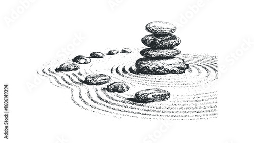 Stacked stones and raked sand graphic. Vector hand drawn illustration