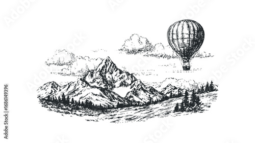Sketch of Hot Air Balloon Floating Above Snow-Covered Mountains and Pine Trees. Vector hand drawn illustration