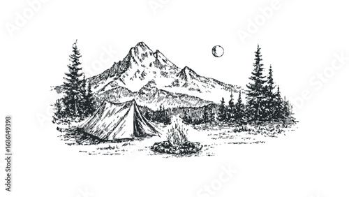 Hand Drawn Mountain Landscape with Tent and Campfire under Moon. Vector hand drawn illustration