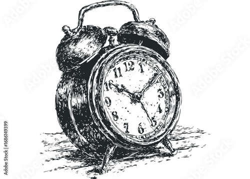 Vintage Twin Bell Alarm Clock Sketch on White. Vector hand drawn illustration