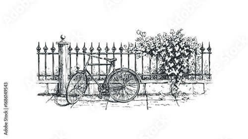 Hand drawn sketch of a vintage bicycle beside an ornate fence with ivy. Vector hand drawn illustration