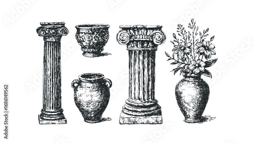 Pencil sketch of classical columns and pottery vessels on transparent background. Vector hand drawn illustration