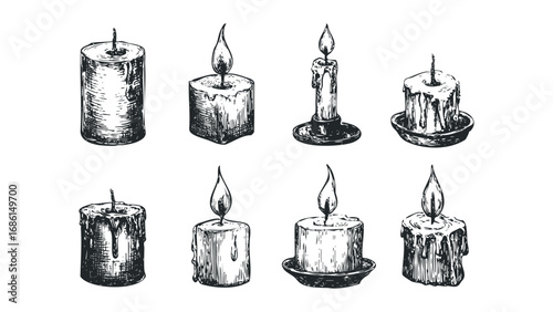 Hand Drawn Collection of Burning and Unlit Candles with Dripping Wax. Vector hand drawn illustration