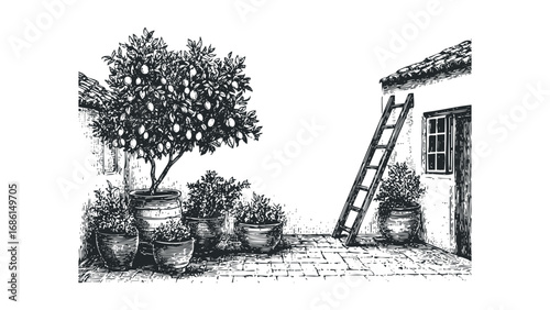 Orchard tree with fruit in pots next to house with window and ladder on paving. Vector hand drawn illustration