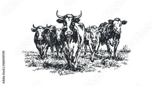 Sketch of a herd of cattle standing in a grassy field. Vector hand drawn illustration