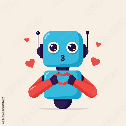 A cute blue robot making a heart shape with its hands, surrounded by hearts.
