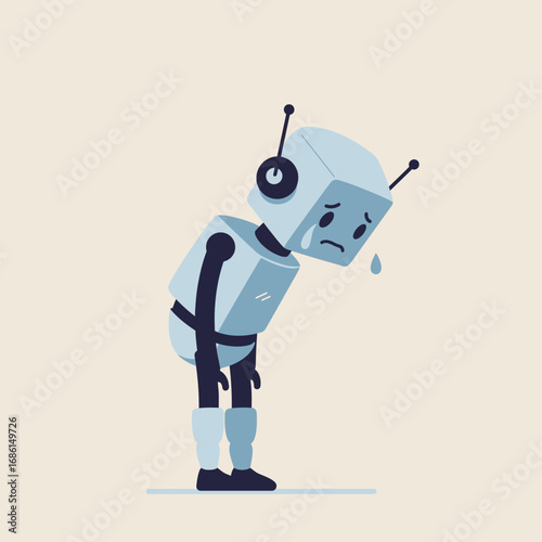 A sad robot character with a drooping posture and a single tear, conveying emotion.