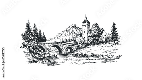 Sketch of a stone bridge and old buildings nestled among trees and mountains. Vector hand drawn illustration