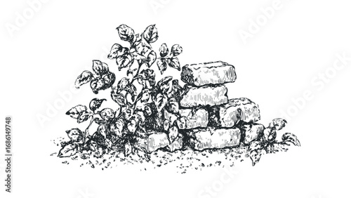 Black and white sketch of plants growing around stacked bricks on transparent background. Vector hand drawn illustration