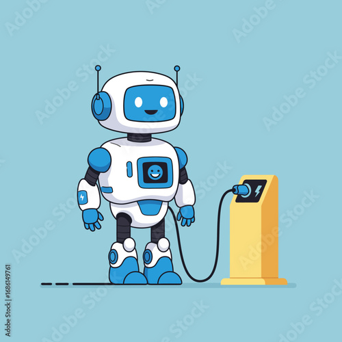 A cheerful robot charging at a station, showcasing technology and innovation.