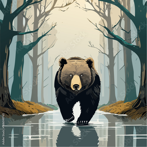 nocturnal black bear prowling rain slicked forest under streetlight