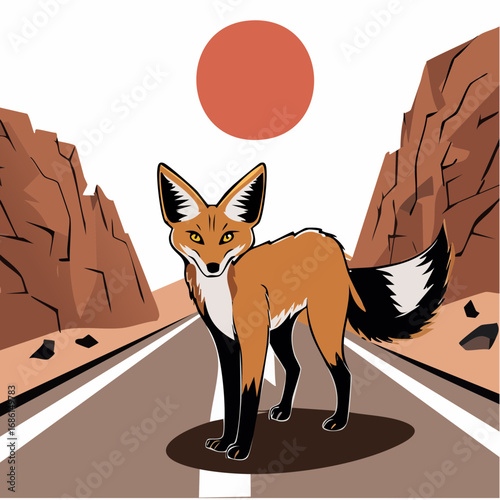 midnight coyote standing alert on desolate mountain road in fractured light