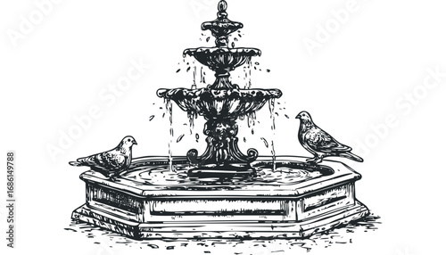 Detailed line art of a multi-tiered stone fountain with two pigeons. Vector hand drawn illustration