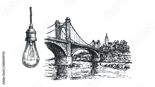 Vintage Edison bulb suspended near an ink sketch of a stone arch bridge over a river. Vector hand drawn illustration