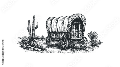 Hand-drawn sketch of a vintage covered wagon with cacti and desert plants. Vector hand drawn illustration