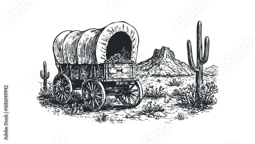 Wagon resting in a desert landscape with cacti and rock formations. Vector hand drawn illustration