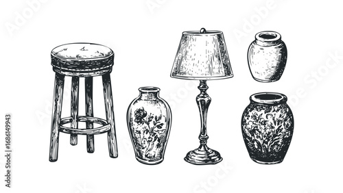 Sketch Collection of Vintage Furniture and Decorative Vases. Vector hand drawn illustration