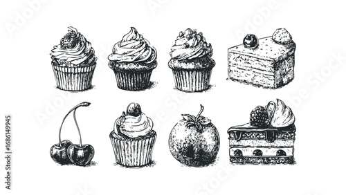 Hand Drawn Sketch Collection of Sweet Desserts and Berries. Vector hand drawn illustration
