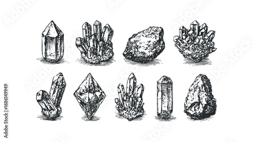 Collection of sketched quartz crystal formations and raw mineral stones. Vector hand drawn illustration