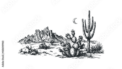 Hand Drawn Desert Landscape with Saguaro Cactus and Mountains. Vector hand drawn illustration