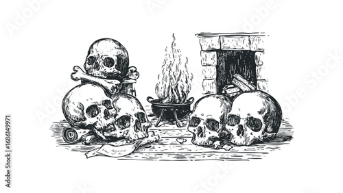 Skulls and bones arranged near a fireplace with a cauldron. Vector hand drawn illustration