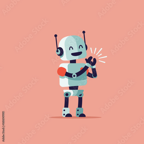 A cheerful robot character clapping its hands, showcasing a playful and friendly design.